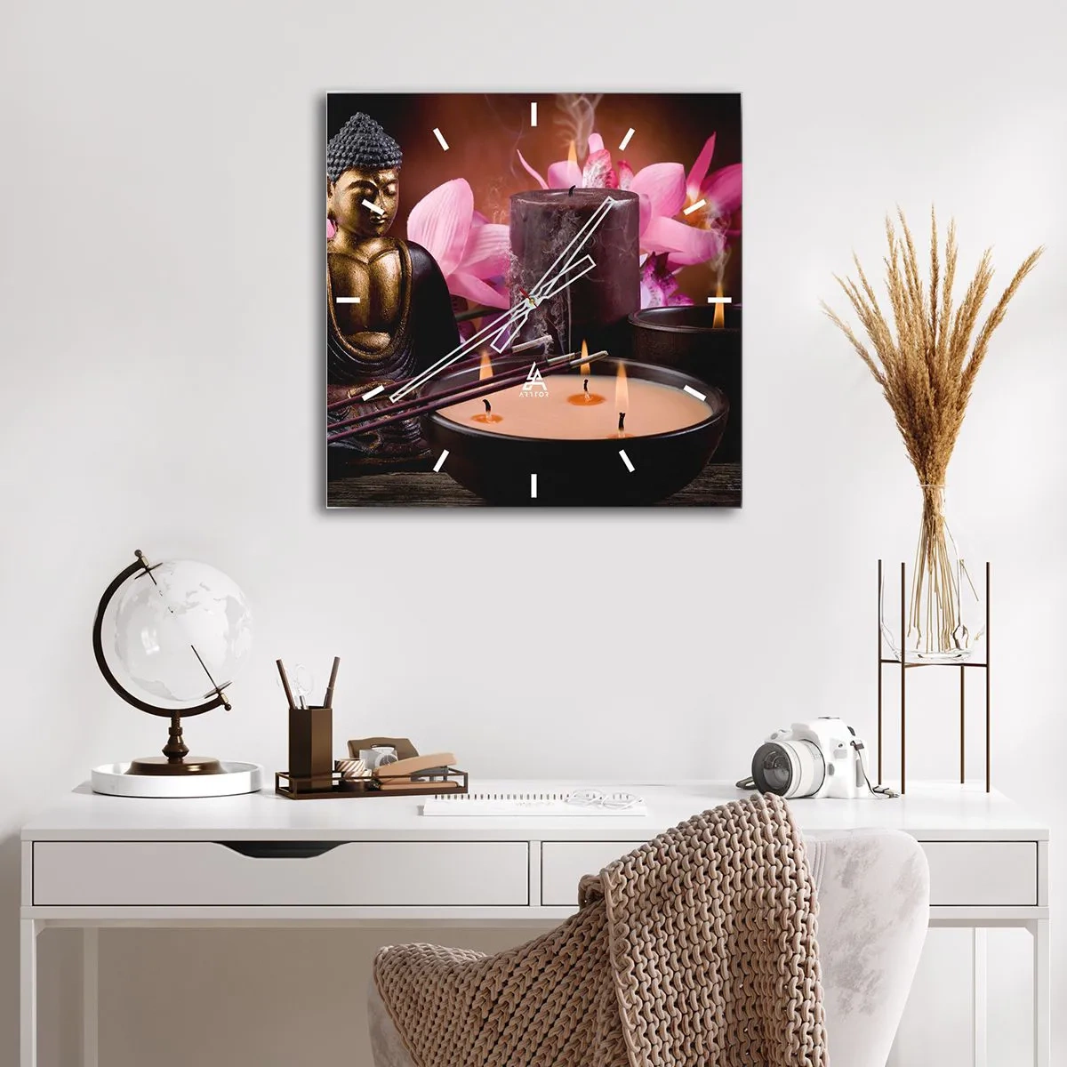 Orologio da parete - Orologio in Vetro - Statuetta di Buddha con candele accese e bastoncini di incenso - 30x30cm - Purificare la mente, calmare il corpo - Decorazione murale moderna per soggiorno e camera da letto ARTTOR