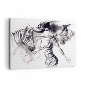 Quadro su tela - Stampe su Tela - Una donna in una danza dinamica con zebre in un'estetica in bianco e nero - 100x70cm - Ballando con le zebre - Decorazione murale moderna per soggiorno e camera da letto ARTTOR