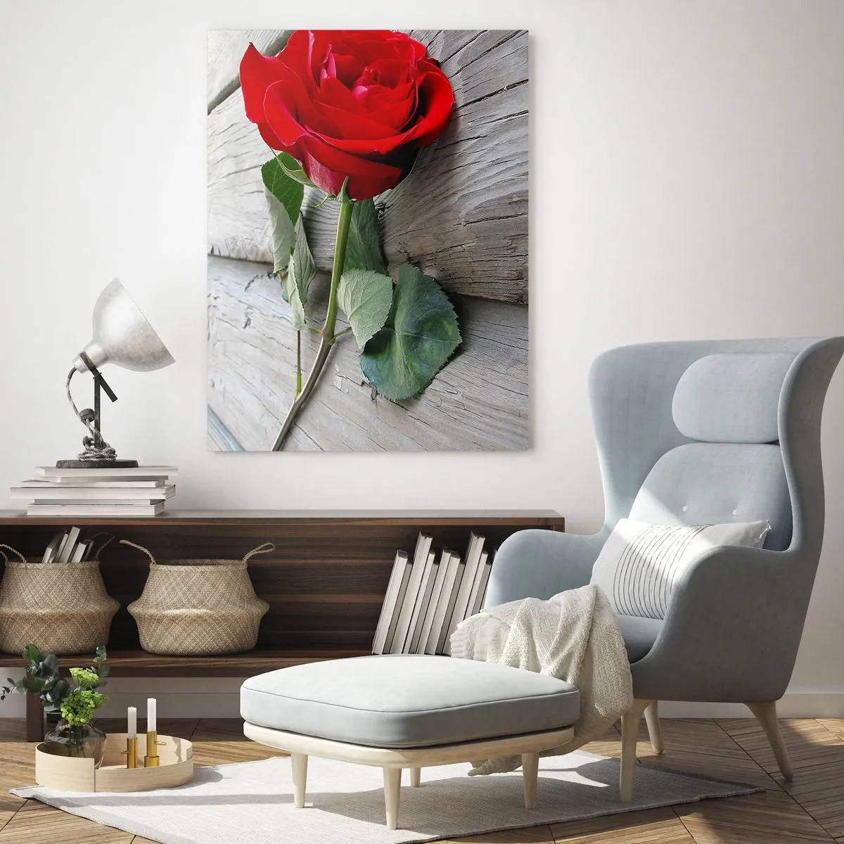 Quadro su vetro - Rosa rossa su uno sfondo di legno - 80x120cm - Studio in scarlatto - Decorazione murale moderna per soggiorno e camera da letto ARTTOR