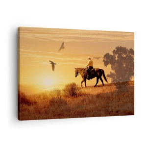Quadro su tela - Stampe su Tela - Un cavaliere a cavallo al tramonto sullo sfondo della prateria - 70x50cm - Da solo nella prateria - Decorazione murale moderna per soggiorno e camera da letto ARTTOR