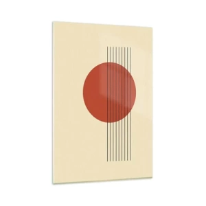 Quadro su vetro - Cerchio rosso astratto con linee su sfondo beige. - 80x120cm - Nel cerchio e oltre - Decorazione murale moderna per soggiorno e camera da letto ARTTOR