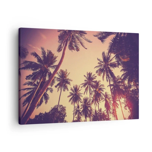 Quadro su tela - Stampe su Tela - Palme contro il cielo con i caldi colori del tramonto - 70x50cm - Composizione tropicale - Decorazione murale moderna per soggiorno e camera da letto ARTTOR