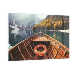 Quadro su vetro - Vista da una barca di legno di un lago di montagna e di una foresta autunnale - 120x80cm - Gita sui monti - Decorazione murale moderna per soggiorno e camera da letto ARTTOR