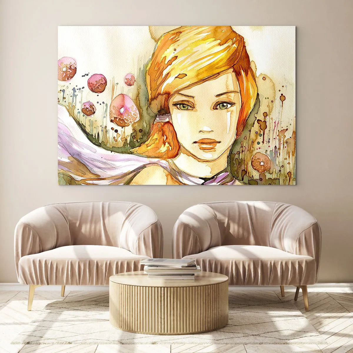 Quadro su vetro - Ritratto di una donna in stile acquerello con astrazione - 120x80cm - Sguardo di smeraldo, che calma l'ira - Decorazione murale moderna per soggiorno e camera da letto ARTTOR
