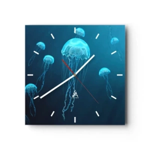Orologio da parete - Orologio in Vetro - Meduse che galleggiano nelle profondità dell'oceano nei toni del blu - 30x30cm - La danza oceanica - Decorazione murale moderna per soggiorno e camera da letto ARTTOR