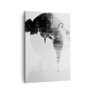 Quadro su tela - Stampe su Tela - Ritratto di una donna con il contorno di una città sullo sfondo, colori bianco e nero - 50x70cm - Sui due lati del vetro - Decorazione murale moderna per soggiorno e camera da letto ARTTOR