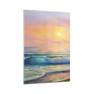 Quadro su vetro - Paesaggio marino con onde e tramonto nelle tonalità turchesi - 50x70cm - Il canto turchese delle onde - Decorazione murale moderna per soggiorno e camera da letto ARTTOR