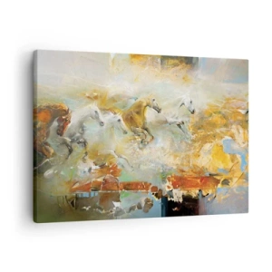 Quadro su tela - Stampe su Tela - Cavalli artistici in un ambiente dinamico e colorato - 70x50cm - Al galoppo attraverso la luce - Decorazione murale moderna per soggiorno e camera da letto ARTTOR
