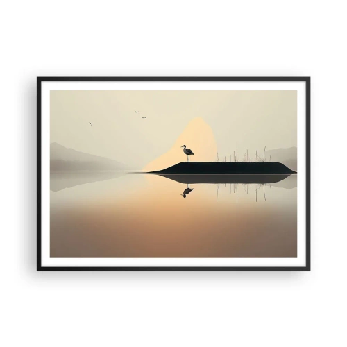 Poster in cornice nera - Un uccello su un'isola in un lago calmo con tonalità calde - 100x70cm - Il signore del lago - Decorazione murale moderna per soggiorno e camera da letto ARTTOR