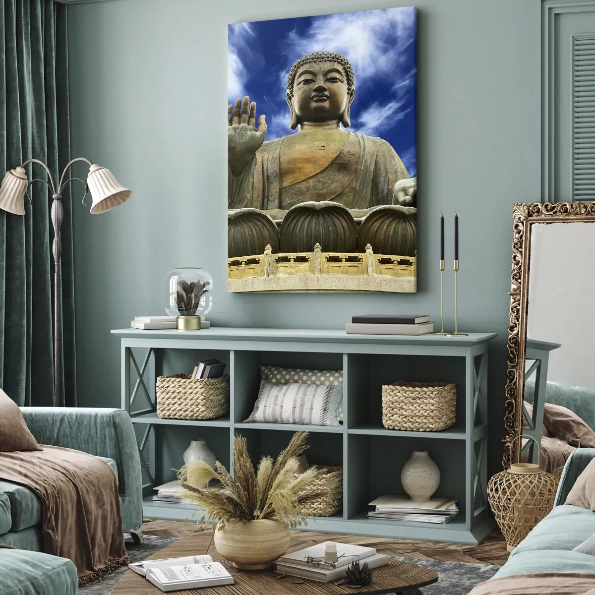 Quadro su tela - Stampe su Tela - Una statua monumentale del Buddha contro un cielo azzurro con nuvole - 50x70cm - Vivere senza paura - Decorazione murale moderna per soggiorno e camera da letto ARTTOR