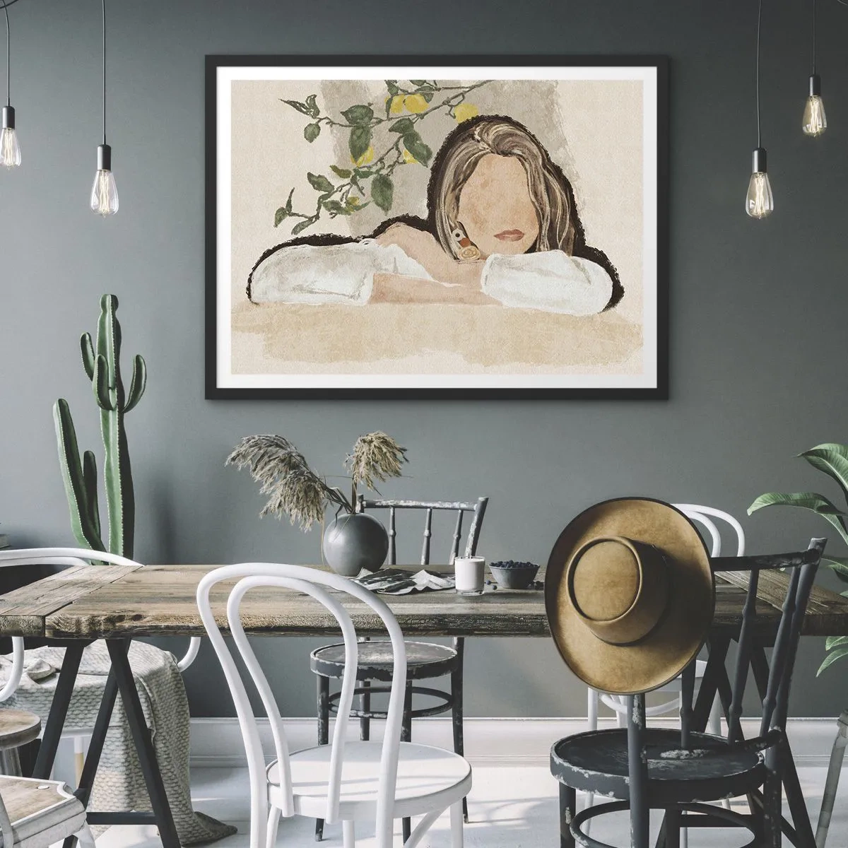 Poster in cornice nera - La figura di una donna sullo sfondo di un albero di limone - 70x50cm - Bellezza del sud - Decorazione murale moderna per soggiorno e camera da letto ARTTOR