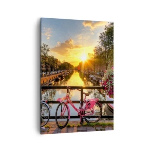 Quadro su tela - Stampe su Tela - Biciclette su un ponte al chiarore del sole al tramonto - 50x70cm - Mattino di primavera ad Amsterdam - Decorazione murale moderna per soggiorno e camera da letto ARTTOR