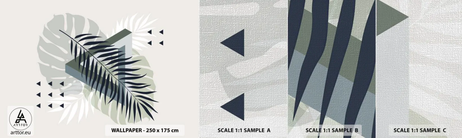 Campione di Fotomurale Premium Canvas - Natura e geometria: due ordini? - Foglia di Monstera, Foglia di palma, Grafica - 100x30 cm