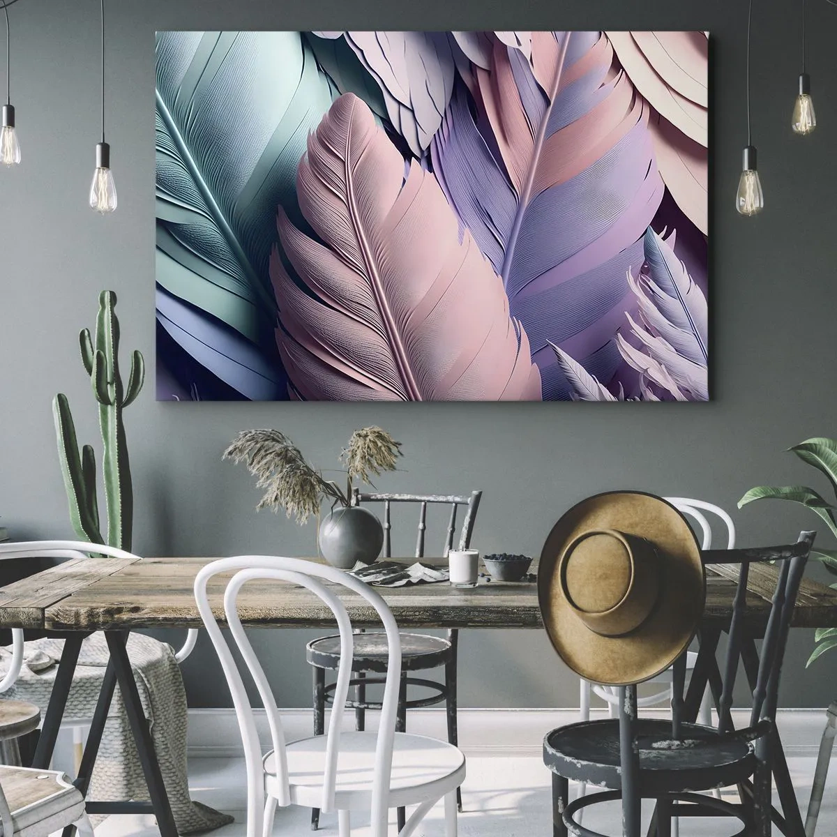Quadro su tela - Stampe su Tela - Piume colorate in tonalità pastello su uno sfondo chiaro - 70x50cm - Eleganza per uccelli - Decorazione murale moderna per soggiorno e camera da letto ARTTOR