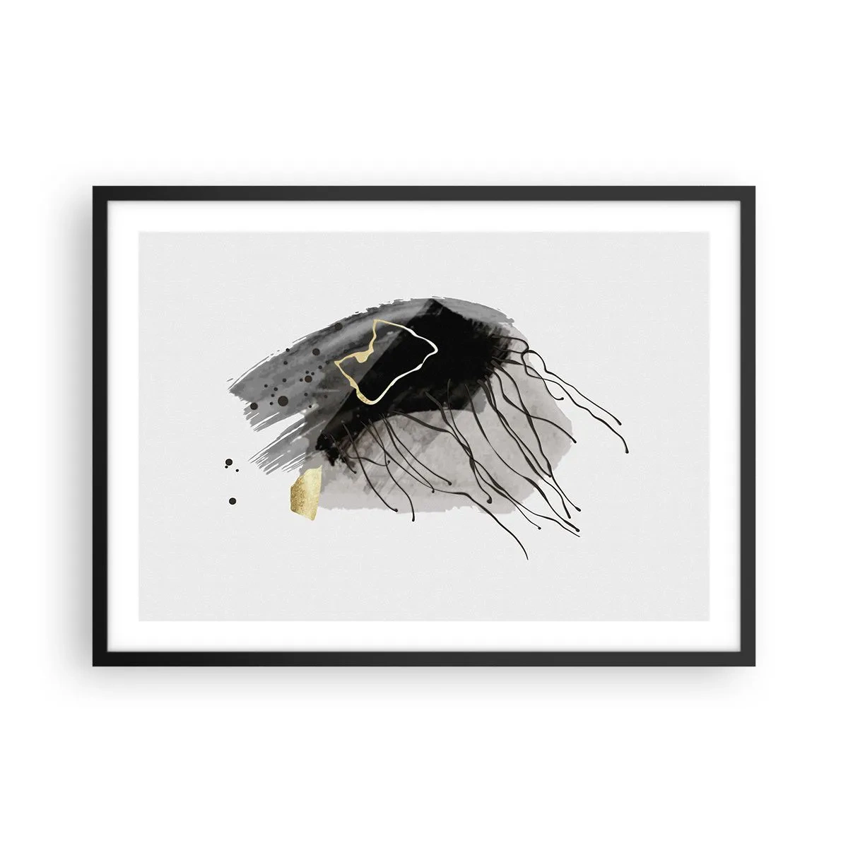 Poster in cornice nera - Una composizione astratta con accenti di nero e oro. - 70x50cm - In nero e in oro - Decorazione murale moderna per soggiorno e camera da letto ARTTOR