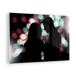 Quadro su vetro - Silhouette di una coppia su uno sfondo di luci bokeh colorate - 70x50cm - Si! - Decorazione murale moderna per soggiorno e camera da letto ARTTOR