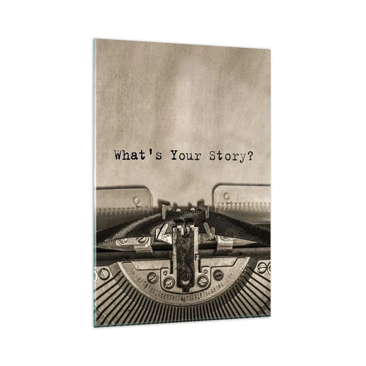 Quadro su vetro - Una macchina da scrivere con la scritta "Qual è la tua storia?" - 80x120cm - Rispondimi - Decorazione murale moderna per soggiorno e camera da letto ARTTOR