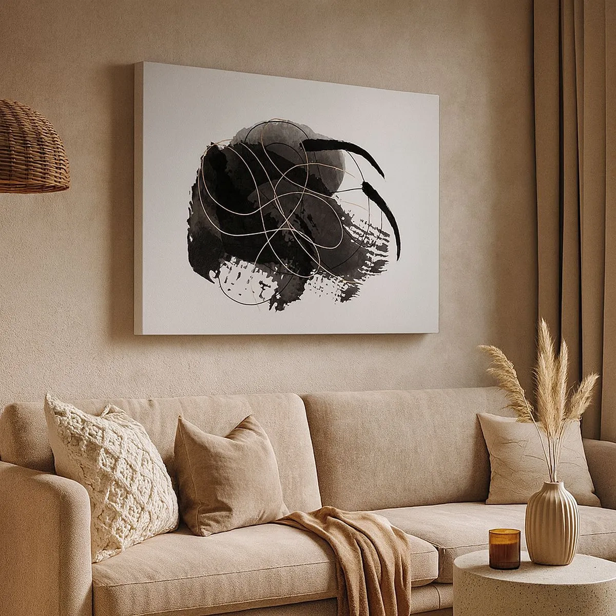 Quadro su tela - Stampe su Tela - Astrazione in nero e oro su sfondo bianco - 70x50cm - Nato dal nero - Decorazione murale moderna per soggiorno e camera da letto ARTTOR