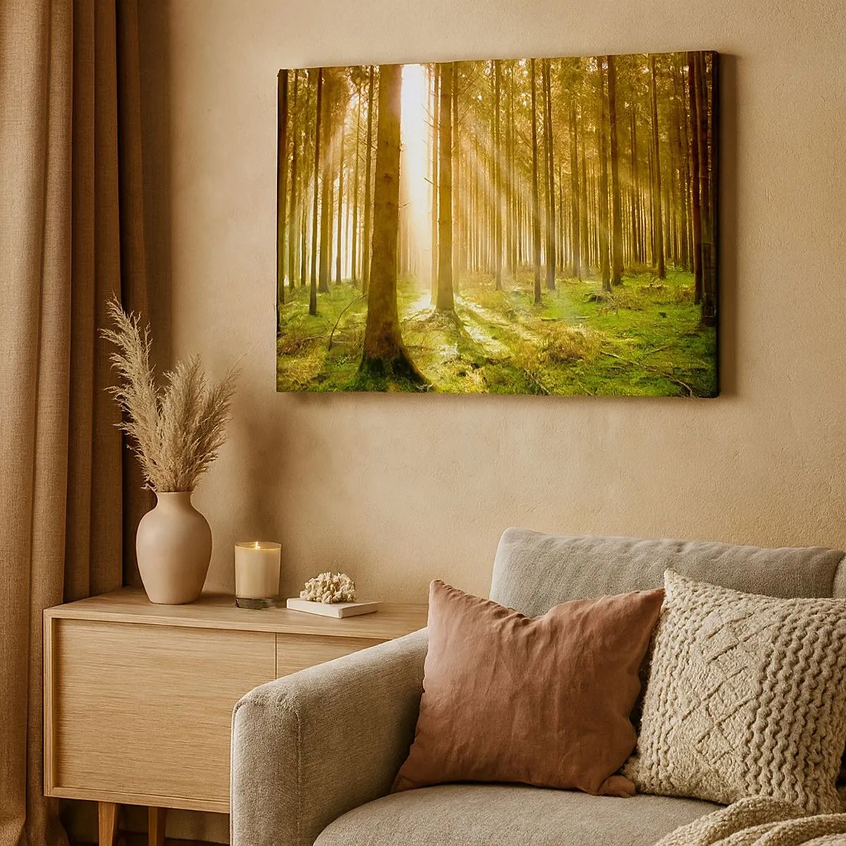 Quadro su tela - Stampe su Tela - Foresta di conifere con raggi di sole che brillano attraverso gli alberi - 70x50cm - Adesso appaiono gli elfi - Decorazione murale moderna per soggiorno e camera da letto ARTTOR