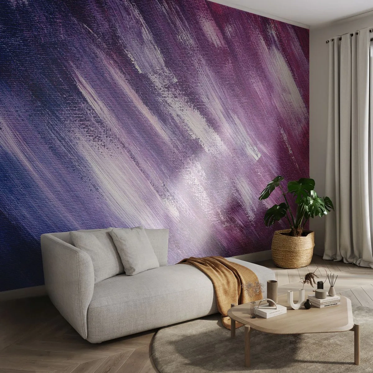 Fotomurali Premium Sand - Pennellate astratte in tonalità di viola - 100x70cm - Quando soffia il vento solare - Decorazione murale moderna per soggiorno e camera da letto ARTTOR