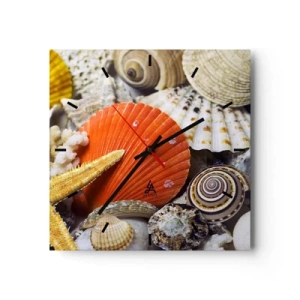 Orologio da parete - Orologio in Vetro - Conchiglie e stelle marine in una composizione marina - 30x30cm - Tesori dell'oceano - Decorazione murale moderna per soggiorno e camera da letto ARTTOR