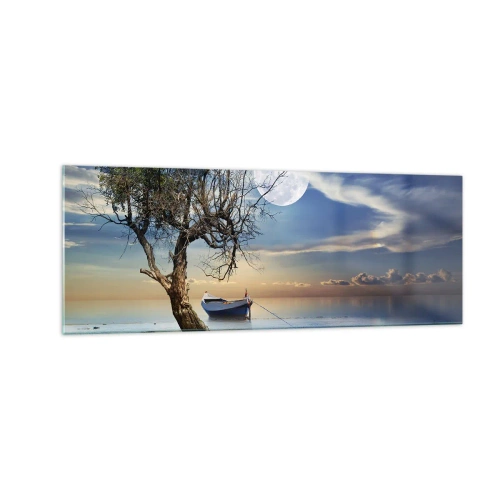 Quadro su vetro - Un albero solitario e una barca su acque calme sotto la luna piena. - 140x50cm - È la fine o l'inizio? - Decorazione murale moderna per soggiorno e camera da letto ARTTOR
