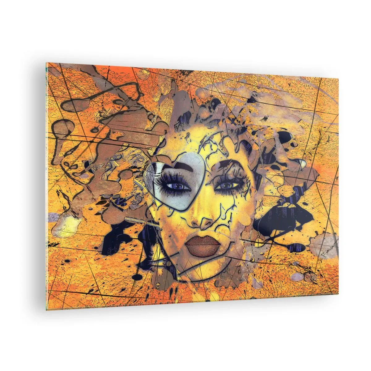 Quadro su vetro - Volto di donna astratto nei toni oro-arancio - 70x50cm - Bellezza solare - Decorazione murale moderna per soggiorno e camera da letto ARTTOR
