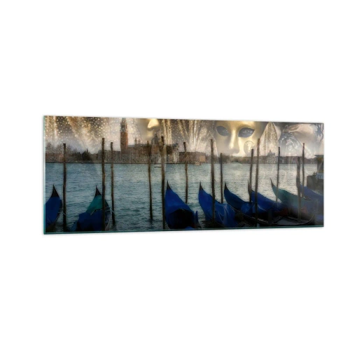 Quadro su vetro - Maschere di carnevale veneziane e gondole sullo sfondo della città e dell'acqua - 140x50cm - È ora di iniziare il carnevale - Decorazione murale moderna per soggiorno e camera da letto ARTTOR