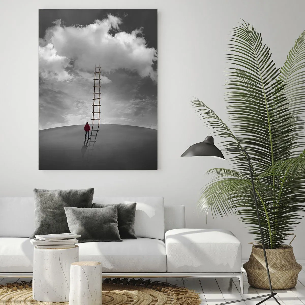 Quadro su vetro - Una persona con un cappotto rosso e una scala che porta a una nuvola - 70x100cm - Tutto è possibile - Decorazione murale moderna per soggiorno e camera da letto ARTTOR