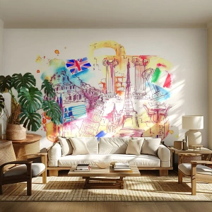 Fotomurali Standard Eco - Simboli europei in una composizione ad acquerello - 100x70cm - Tournée europea - Decorazione murale moderna per soggiorno e camera da letto ARTTOR