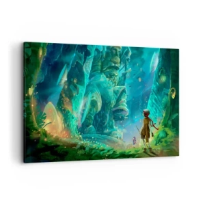 Quadro su tela - Stampe su Tela - Foresta magica con un personaggio esploratore - 120x80cm - Dal grande Libro delle Fiabe - Decorazione murale moderna per soggiorno e camera da letto ARTTOR