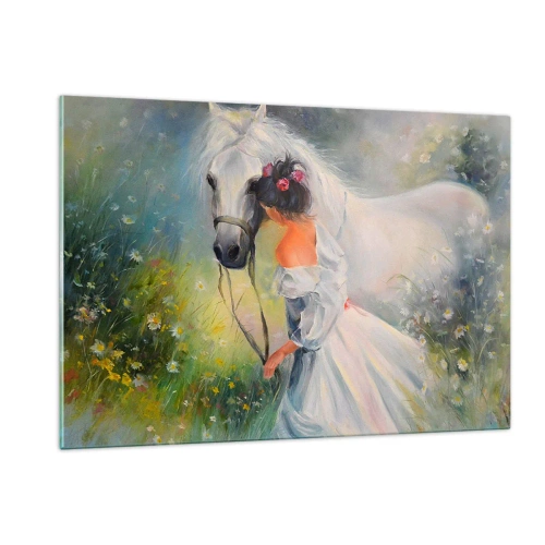 Quadro su vetro - Una donna in abito bianco con un cavallo bianco in un prato pieno di fiori. - 120x80cm - Come in un bel sogno - Decorazione murale moderna per soggiorno e camera da letto ARTTOR