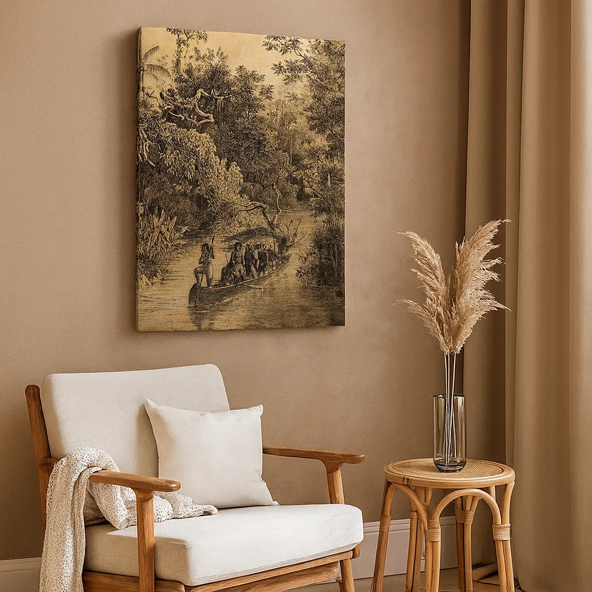 Quadro su tela - Stampe su Tela - Disegno di una giungla con una barca su un fiume - 50x70cm - Viaggio alla fonte - Decorazione murale moderna per soggiorno e camera da letto ARTTOR