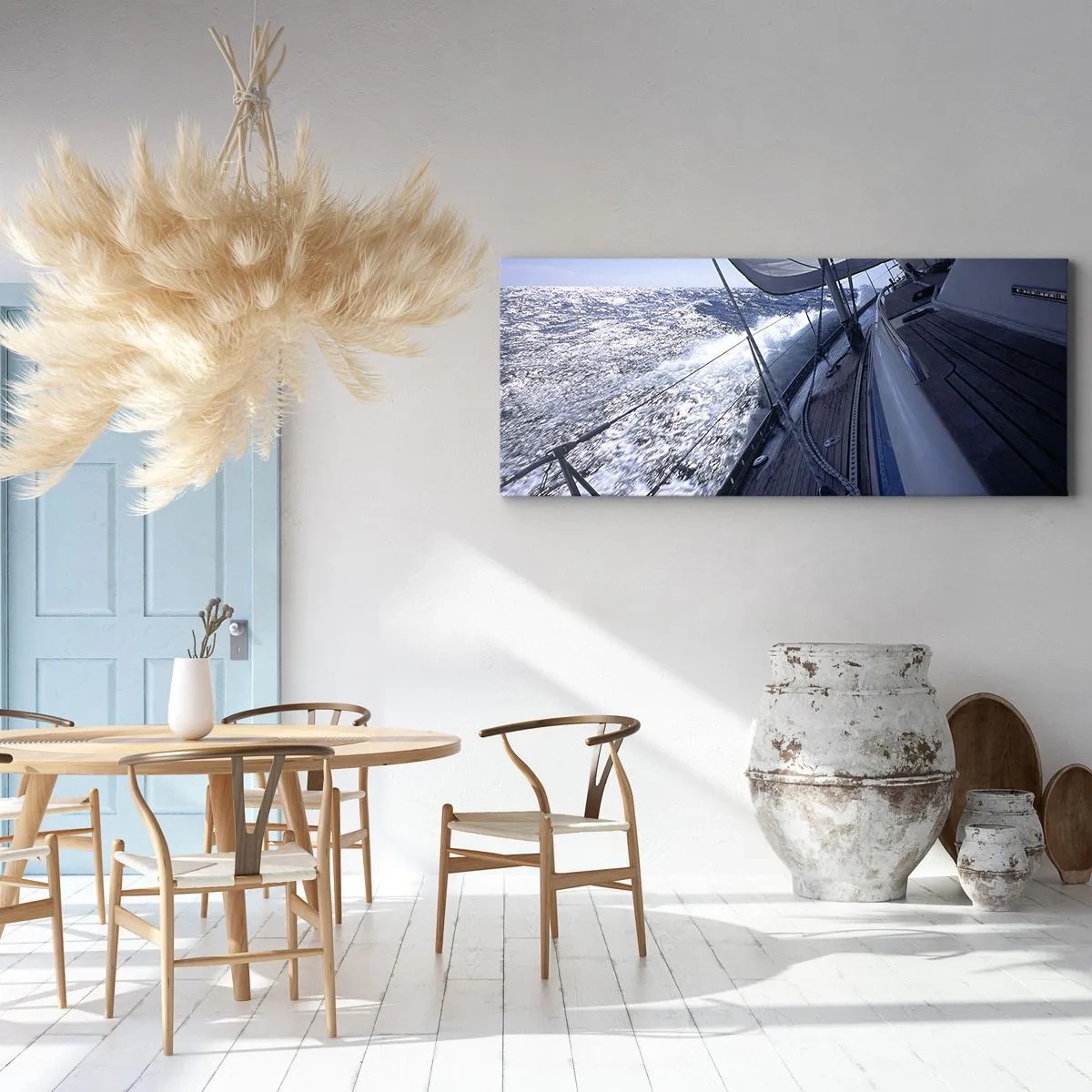 Quadro su tela - Stampe su Tela - Una barca a vela in un mare in tempesta con vele bianche e un ponte di legno. - 160x50cm - So cosa vuol dire volare - Decorazione murale moderna per soggiorno e camera da letto ARTTOR