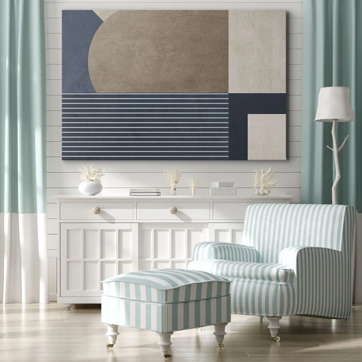 Quadro su tela - Stampe su Tela - Figure geometriche nei toni del beige e del blu navy con linee - 100x70cm - Composizione di semplicità e rotondità - Decorazione murale moderna per soggiorno e camera da letto ARTTOR