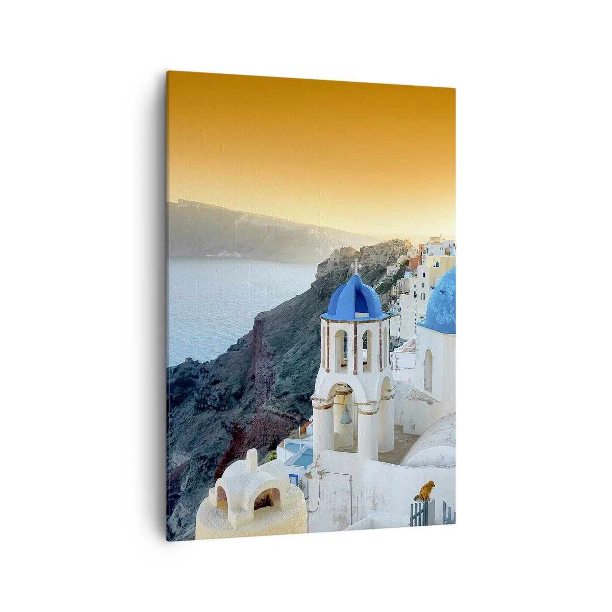 Quadro su tela - Stampe su Tela - Vista di Santorini con edifici bianchi e mare blu - 70x100cm - Santorini: aggrappate alle rocce - Decorazione murale moderna per soggiorno e camera da letto ARTTOR