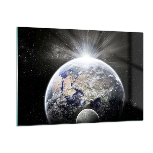 Quadro su vetro - La Terra e la Luna in uno scenario spaziale - 120x80cm - In pieno splendore - Decorazione murale moderna per soggiorno e camera da letto ARTTOR