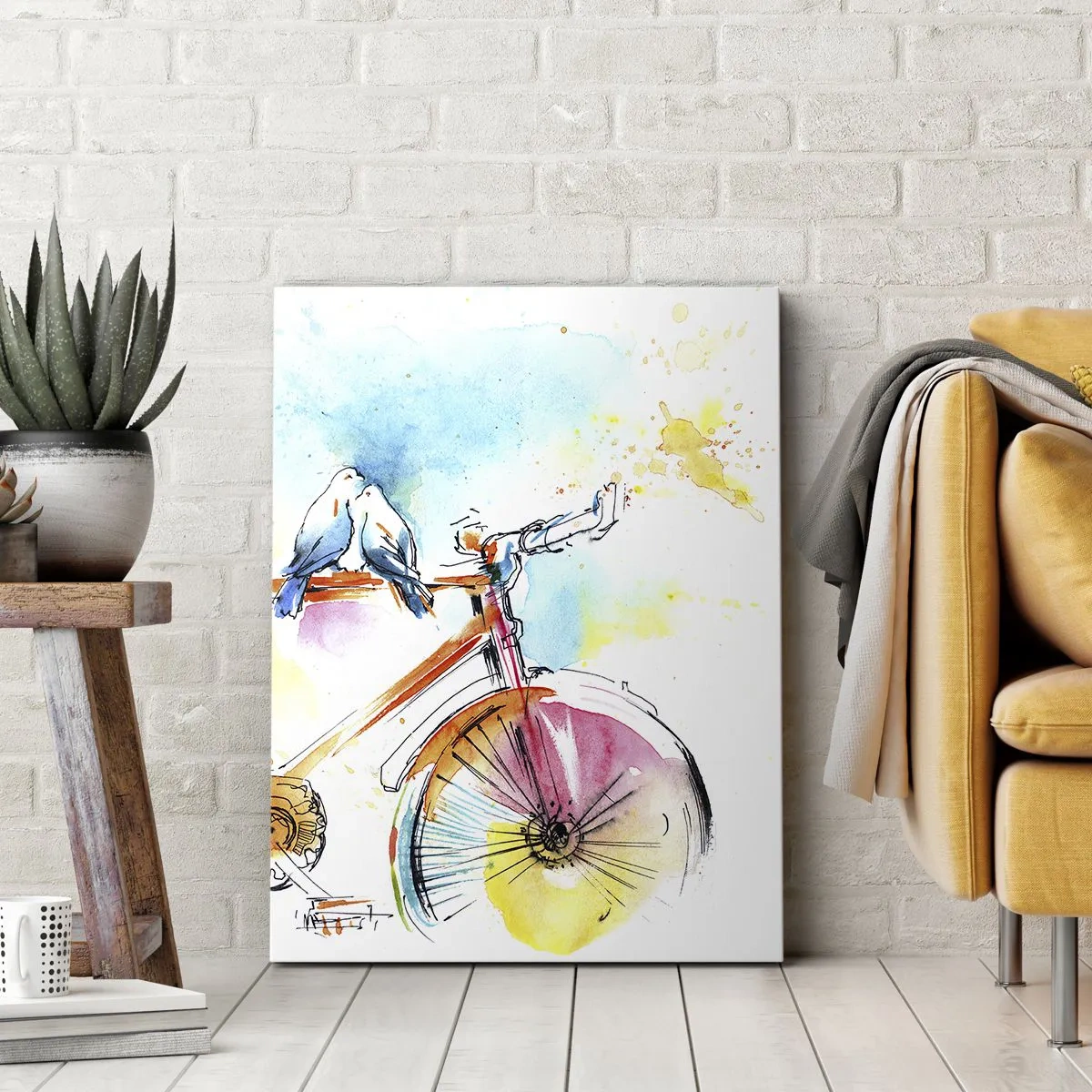 Quadro su tela - Stampe su Tela - Dipinto ad acquerello colorato di una bicicletta con uccelli seduti sopra - 50x70cm - In due in bicicletta - Decorazione murale moderna per soggiorno e camera da letto ARTTOR