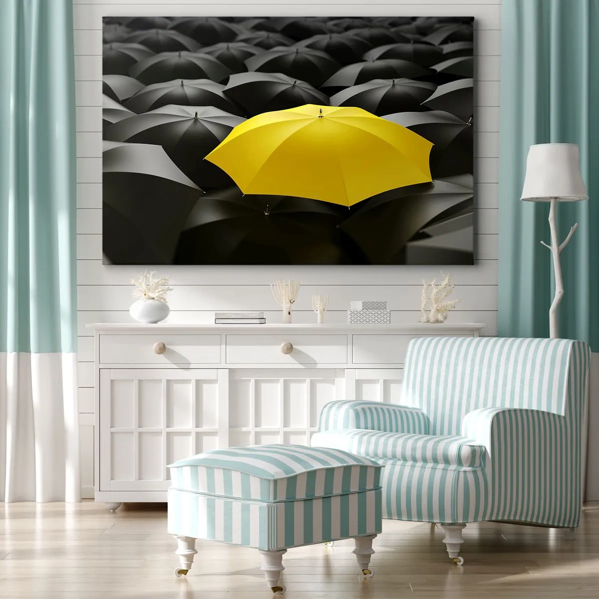 Quadro su tela - Stampe su Tela - Un ombrello giallo tra ombrelli neri - 120x80cm - Addio tristezza - Decorazione murale moderna per soggiorno e camera da letto ARTTOR