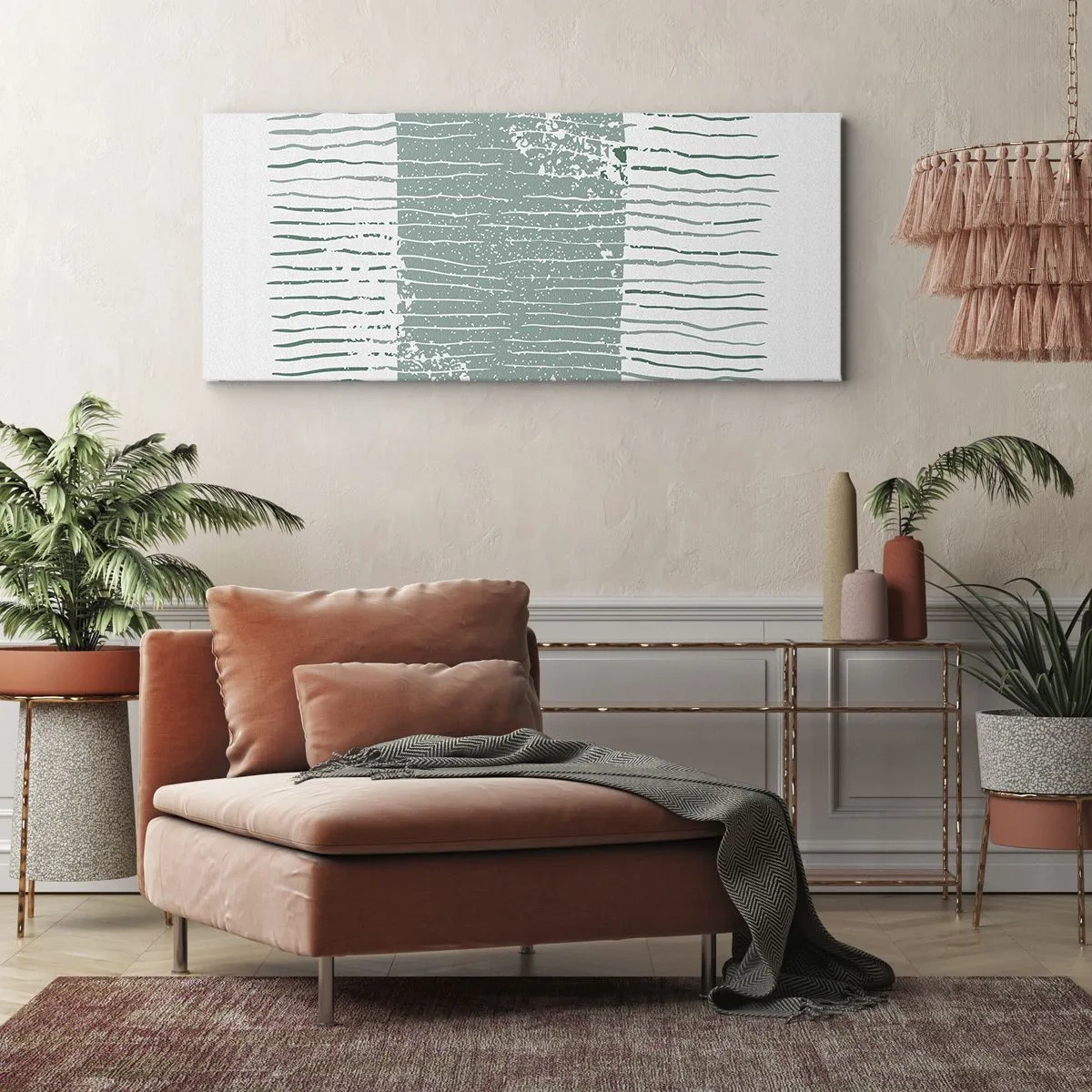 Quadro su tela - Stampe su Tela - Motivo geometrico nei toni del verde mare e del bianco - 160x50cm - Astrazione marina - Decorazione murale moderna per soggiorno e camera da letto ARTTOR
