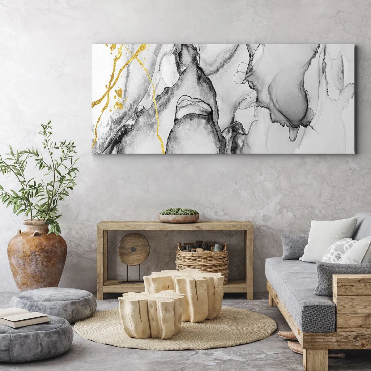 Quadro su tela - Stampe su Tela - Motivi astratti in bianco e nero con accenti dorati - 160x50cm - Composizione con motivo d'oro - Decorazione murale moderna per soggiorno e camera da letto ARTTOR