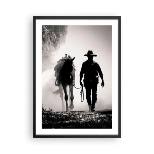 Poster in cornice nera - Silhouette di un cowboy con il suo cavallo nella nebbia mattutina - 50x70cm - Mattino texano - Decorazione murale moderna per soggiorno e camera da letto ARTTOR