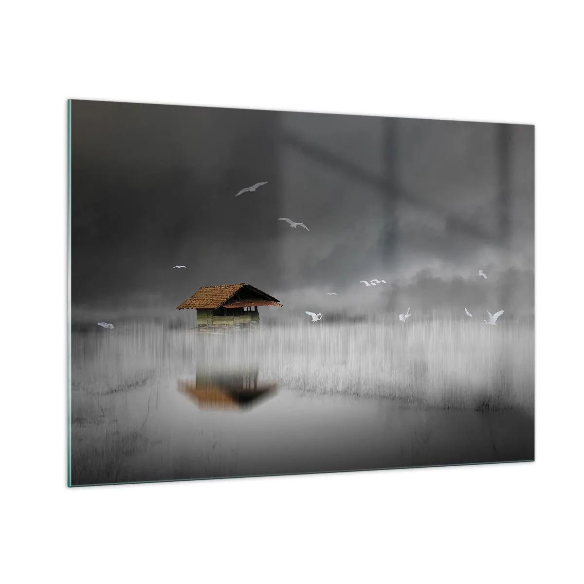 Quadro su vetro - Una casa sull'acqua nella nebbia con uccelli che volano - 100x70cm - Riparo dalla pioggia - Decorazione murale moderna per soggiorno e camera da letto ARTTOR