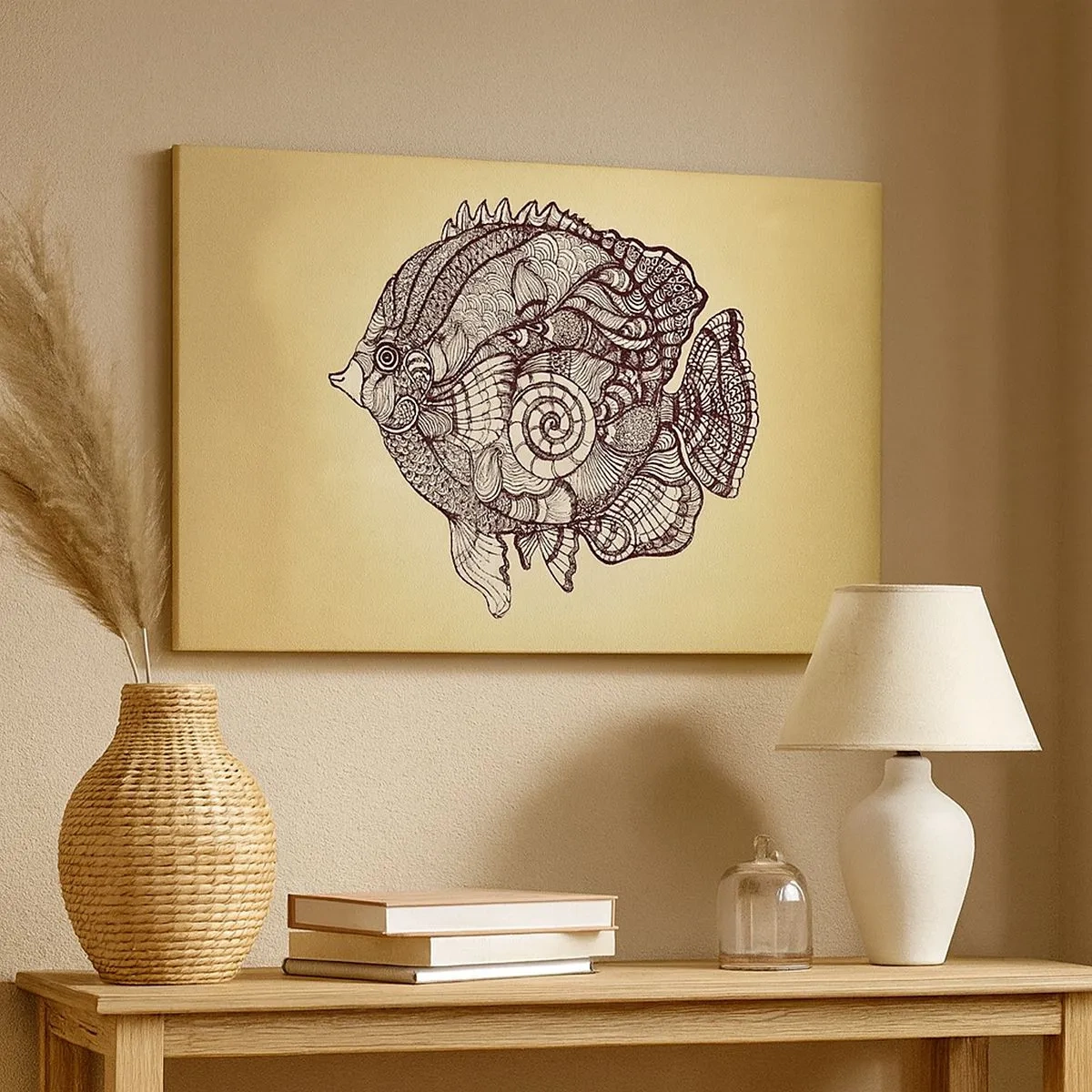 Quadro su tela - Stampe su Tela - Pesci decorativi in stile disegno con motivi - 70x50cm - Decorazioni dell'oceano - Decorazione murale moderna per soggiorno e camera da letto ARTTOR