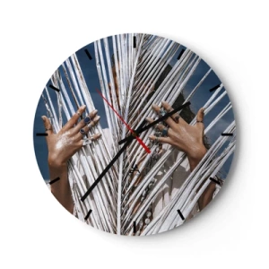 Orologio da parete - Orologio in Vetro - Mani decorate con anelli dietro foglie di palma bianche - 30x30cm - La ragazza dello sciamano? - Decorazione murale moderna per soggiorno, cucina e camera da letto ARTTOR