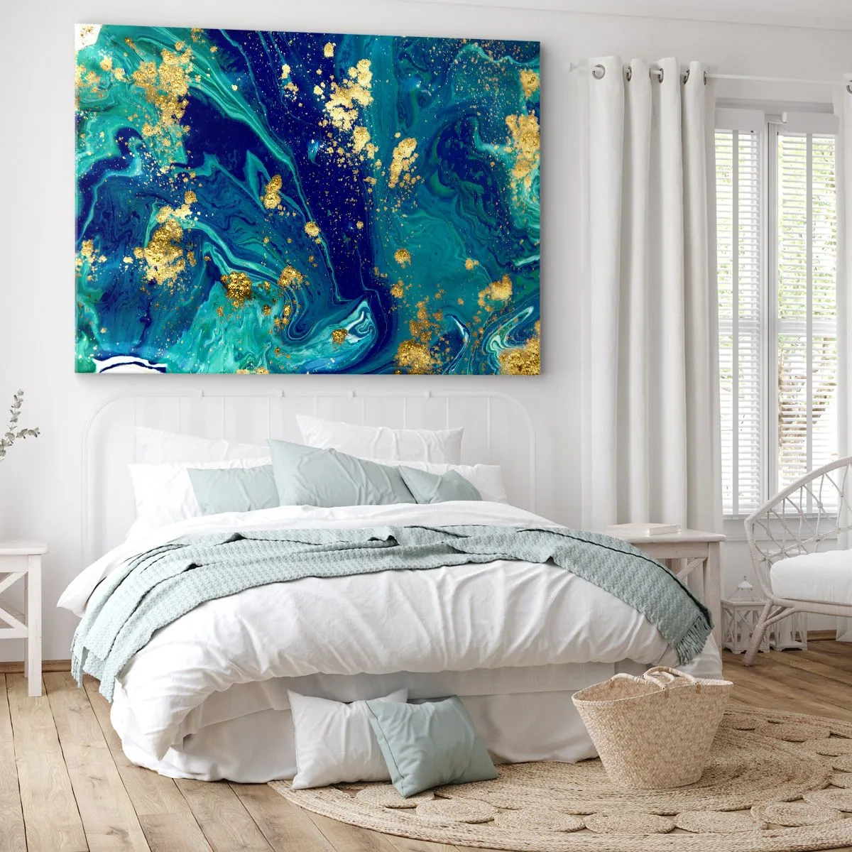 Quadro su tela - Stampe su Tela - Una composizione astratta con accenti blu, verdi e dorati. - 120x80cm - Petali di sole - Decorazione murale moderna per soggiorno e camera da letto ARTTOR