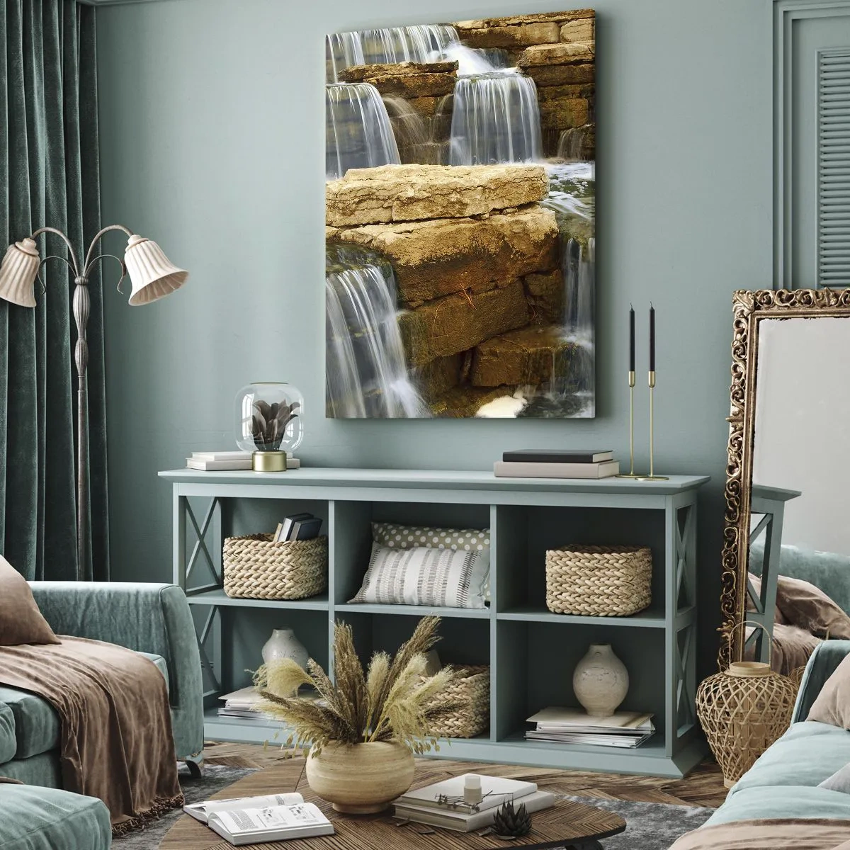 Quadro su tela - Stampe su Tela - Una cascata che scorre lungo gradini di pietra - 80x120cm - La scala verso il cielo - Decorazione murale moderna per soggiorno e camera da letto ARTTOR