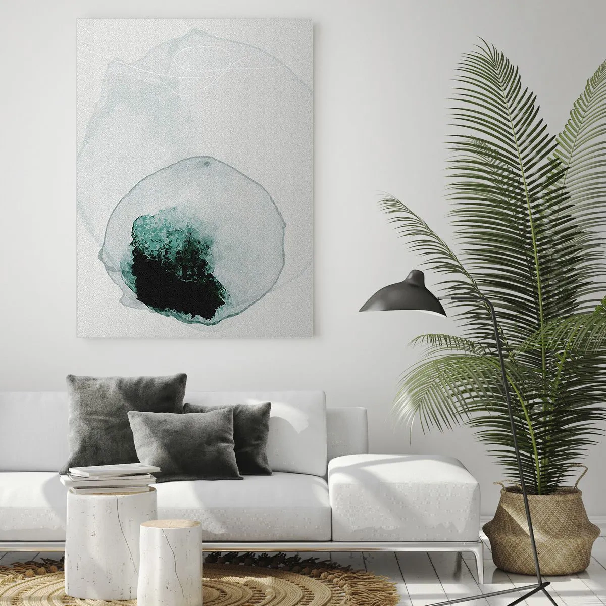 Quadro su vetro - Una forma astratta che ricorda una goccia d'acqua nelle sfumature del verde. - 50x70cm - In una goccia d'acqua - Decorazione murale moderna per soggiorno e camera da letto ARTTOR