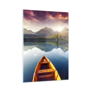 Quadro su vetro - Tre barche di legno su un lago con vista sulle montagne al tramonto - 50x70cm - Niente contro natura - Decorazione murale moderna per soggiorno e camera da letto ARTTOR