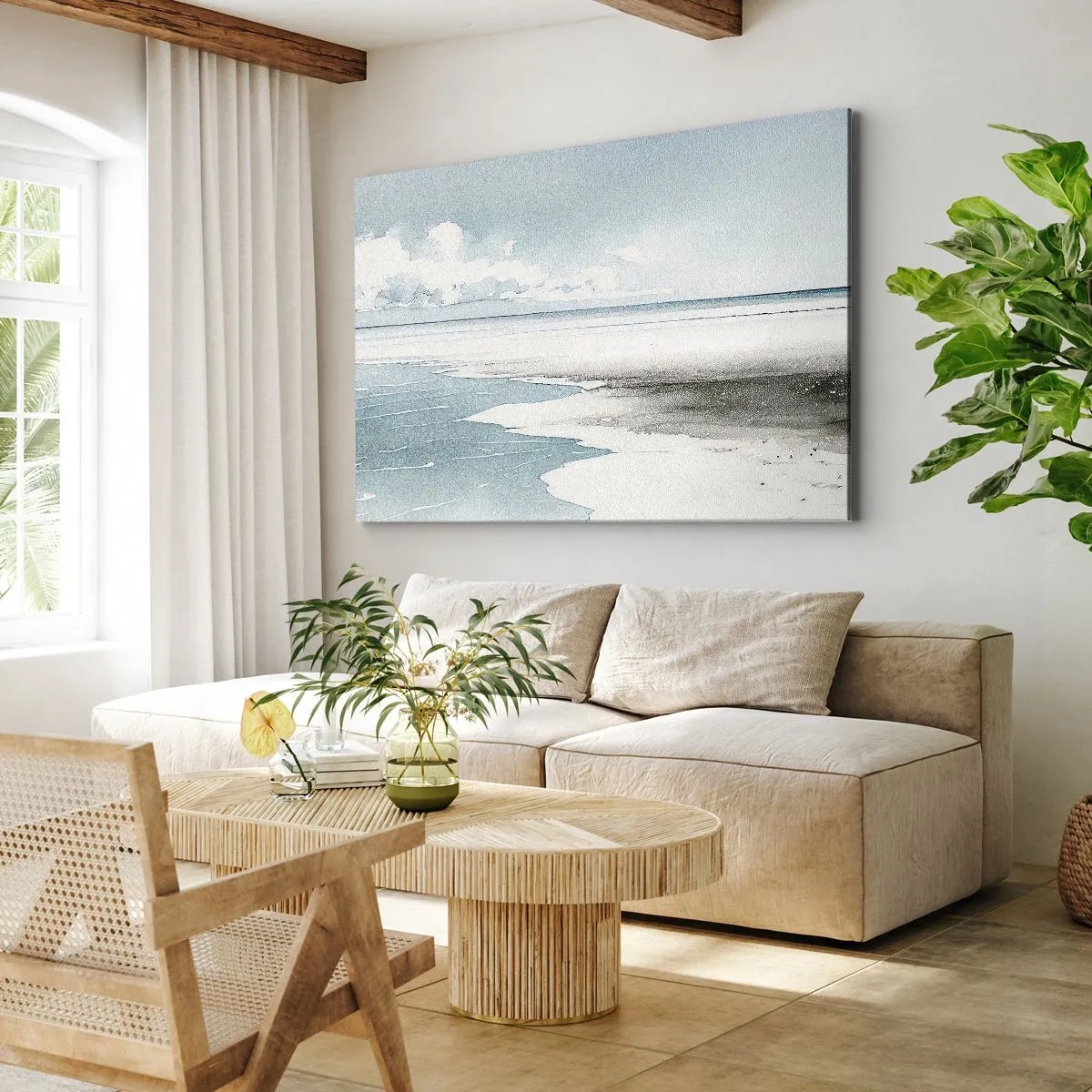 Quadro su tela - Stampe su Tela - Un mare calmo e una spiaggia dalle tonalità chiare di blu - 100x70cm - Marea dolce - Decorazione murale moderna per soggiorno e camera da letto ARTTOR